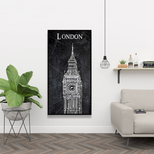 Big Ben Sketch Gray Framed Canvas | Industrial Home Decor
