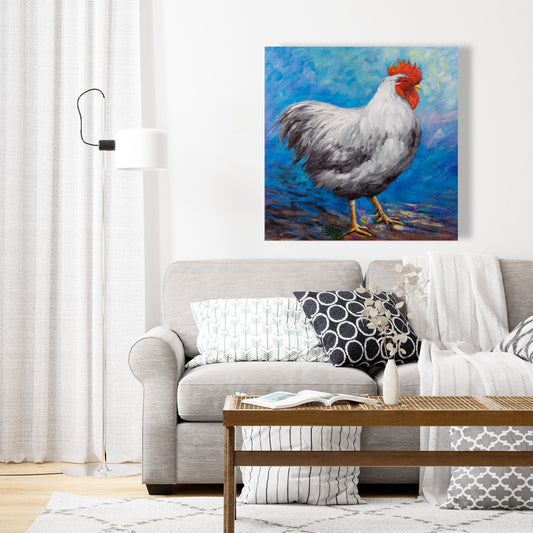 Grey Rooster Canvas | Blue Farm Animal Art for Home Decor