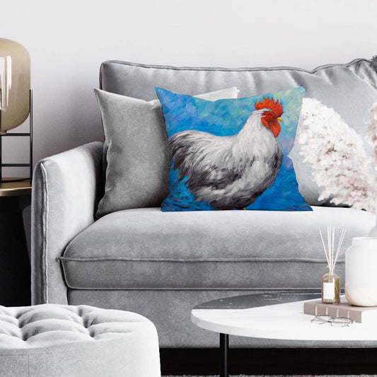 Blue Contemporary Grey Rooster Pillow - Farm Animal Home Decor