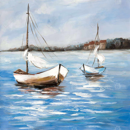 Toile encadrée bleu côtier | Décor deux bateaux sur l'eau