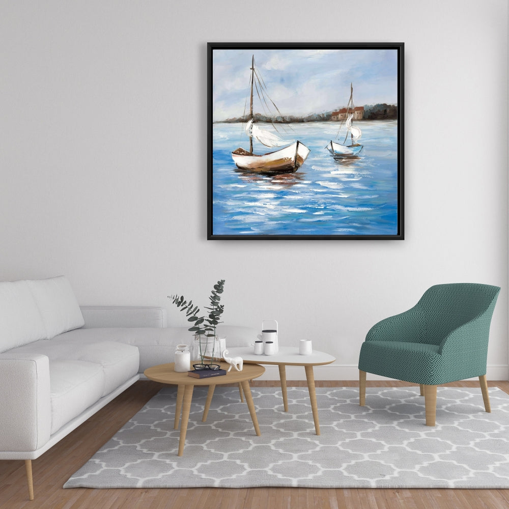 Toile encadrée bleu côtier | Décor deux bateaux sur l'eau