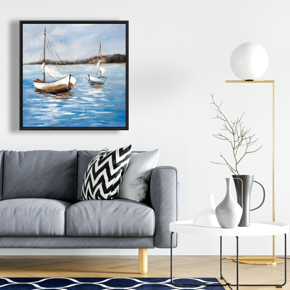 Toile encadrée bleu côtier | Décor deux bateaux sur l'eau