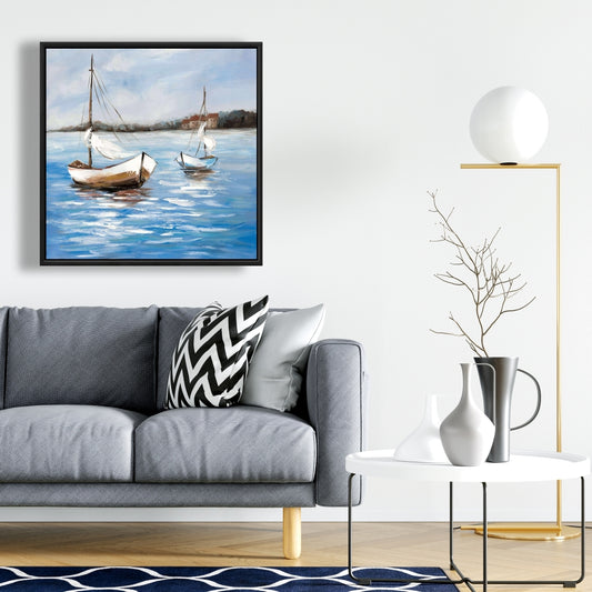 Toile encadrée bleu côtier | Décor deux bateaux sur l'eau