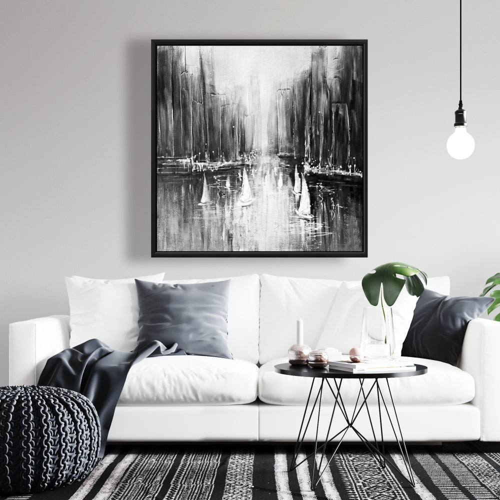 Bateaux en nuances de gris sur l'eau | Décoration de chambre monochrome sur toile