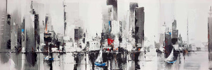 Toile encadrée de bateaux abstraits et paysage urbain gris industriel