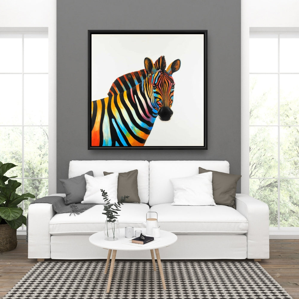 Toile encadrée colorée représentant un profil de zèbre – Décoration d'intérieur animalière bleue