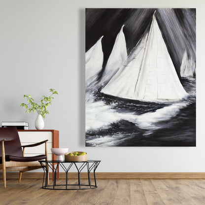 Coastal Boat White Canvas - Grayscale Boats in a Storm Decor