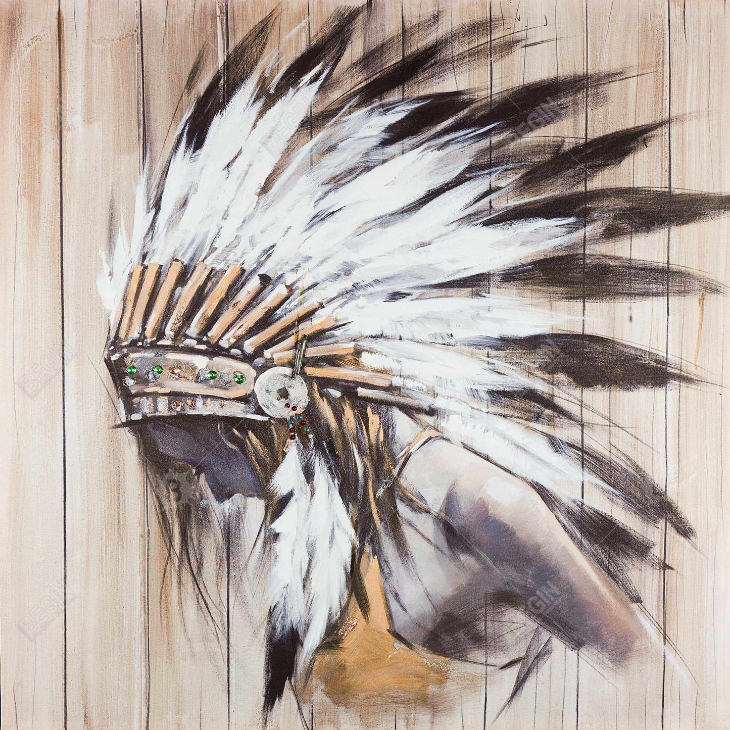 Figurative White Canvas | Indian with Feathers Bedroom Decor