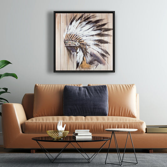 Toile « Indien avec plumes » | Décoration d'intérieur avec cadre blanc