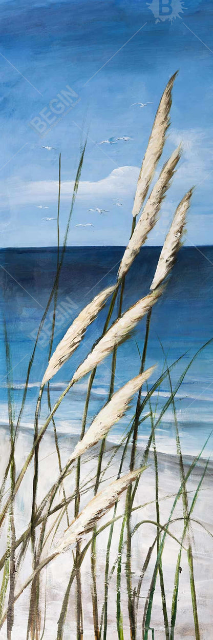 Toile encadrée bleue contemporaine côtière - Plage d'herbes sauvages