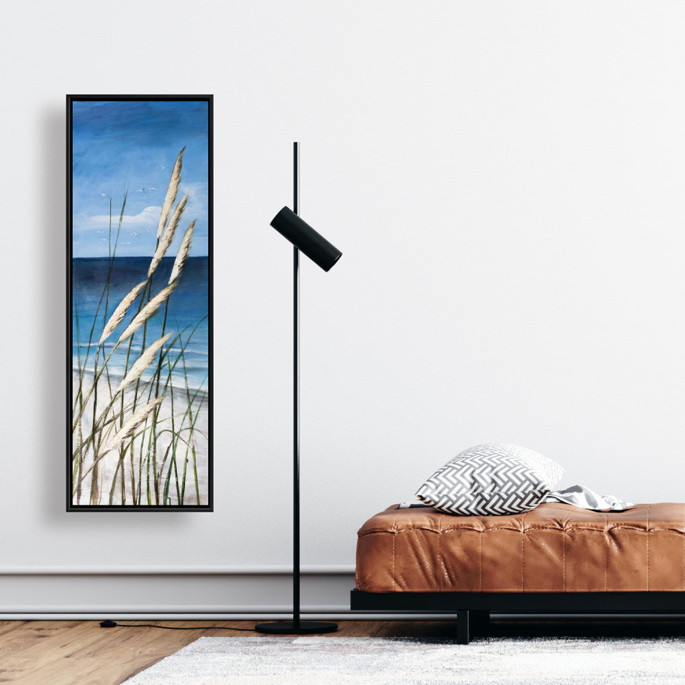 Toile encadrée bleue contemporaine côtière - Plage d'herbes sauvages