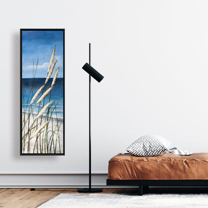 Toile encadrée bleue contemporaine côtière - Plage d'herbes sauvages