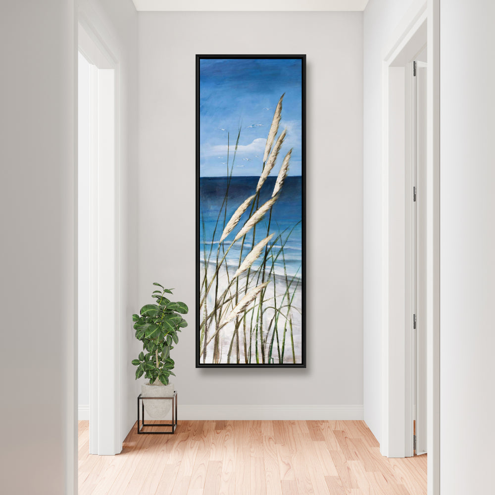 Toile encadrée bleue contemporaine côtière - Plage d'herbes sauvages