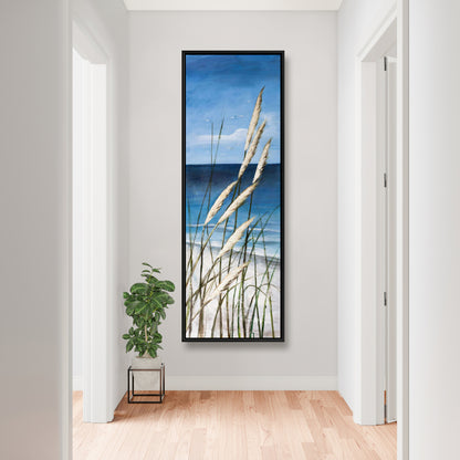 Toile encadrée bleue contemporaine côtière - Plage d'herbes sauvages
