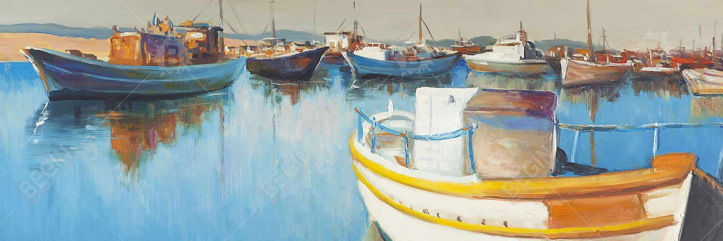 Toile « Bateaux de pêche à la marina » – Décoration d'intérieur encadrée bleue