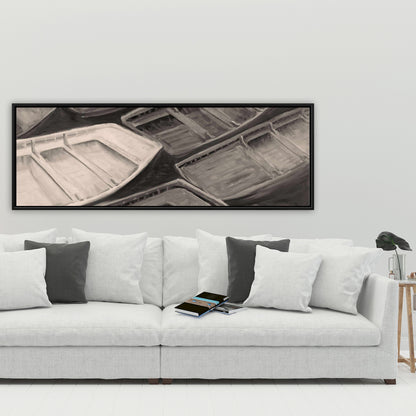 Small Canoes Sepia Style | Coastal Boat Canvas Home Decor