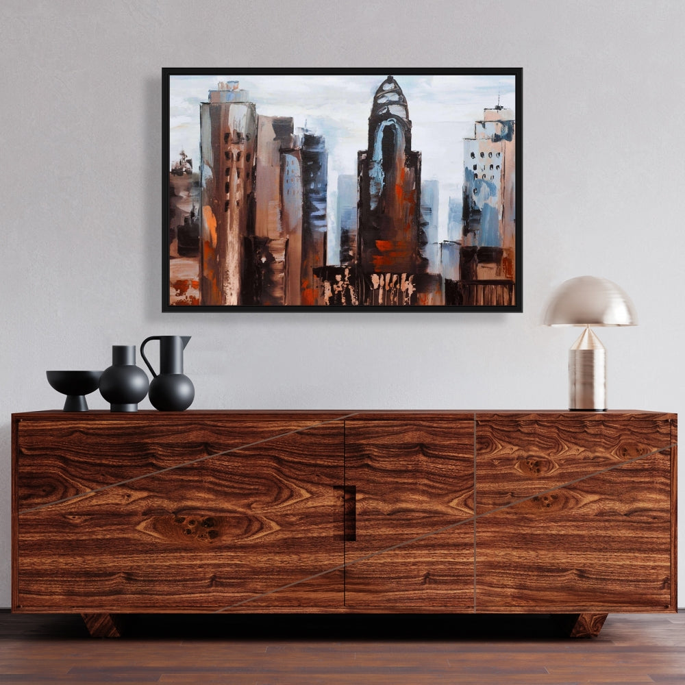 Sullen Day in the City Canvas - Blue Framed Wall Art Decor
