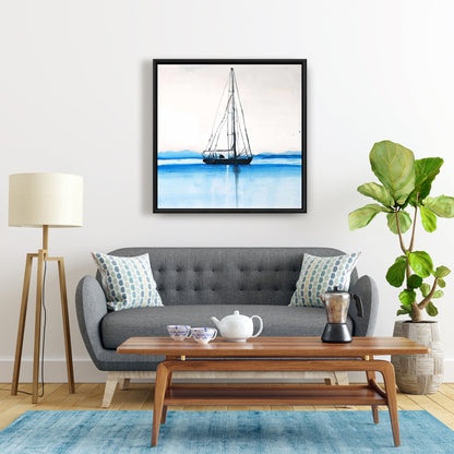 Sailboat on Calm Water | Blue Bedroom Boat Framed Canvas Decor