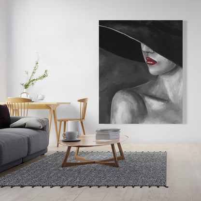 Femme mystérieuse au chapeau, toile grise | Décoration d'intérieur romantique