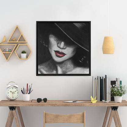 Gray Bedroom Beauty Framed Canvas - Mysterious Red Lips Lady
