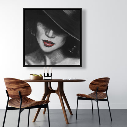 Gray Bedroom Beauty Framed Canvas - Mysterious Red Lips Lady