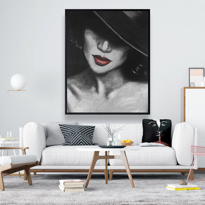 Gray Bedroom Beauty Framed Canvas - Mysterious Red Lips Lady