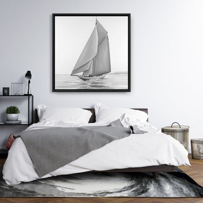 Toile vintage avec voilier | Cadre blanc monochrome
