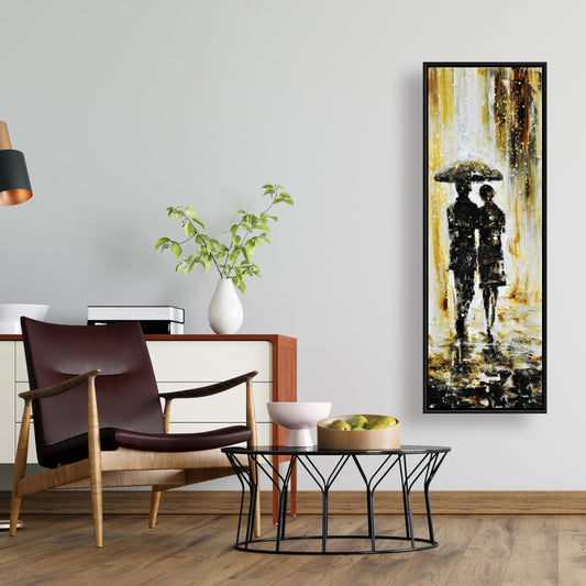 Décoration de chambre industrielle | Toile à cadre jaune | Couple sous la pluie