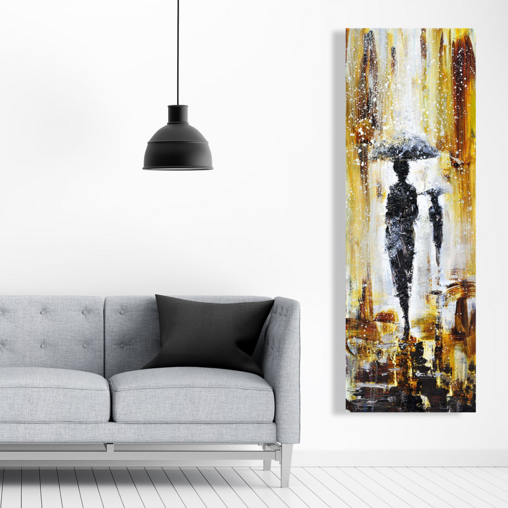 Silhouettes Under Rain Canvas | Yellow Street Art Home Decor
