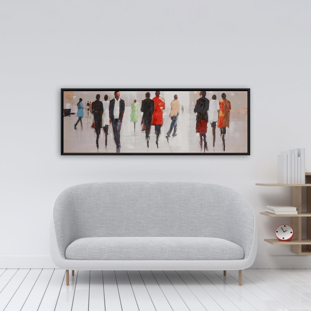 Toile encadrée grise contemporaine - Silhouettes dans la rue