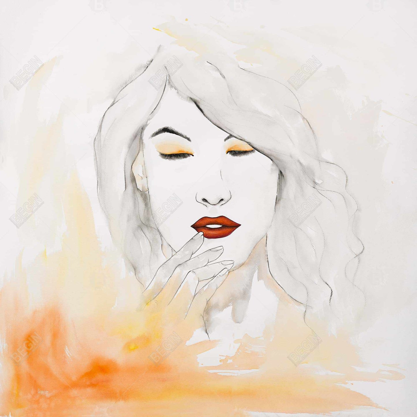 Décoration de chambre beauté | Portrait sur toile orange à l'aquarelle