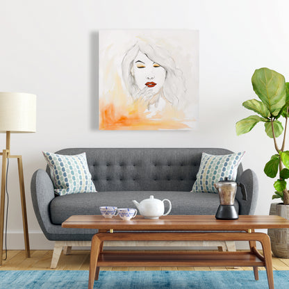 Décoration de chambre beauté | Portrait sur toile orange à l'aquarelle