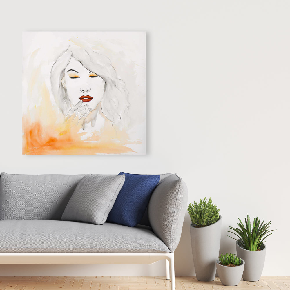 Décoration de chambre beauté | Portrait sur toile orange à l'aquarelle