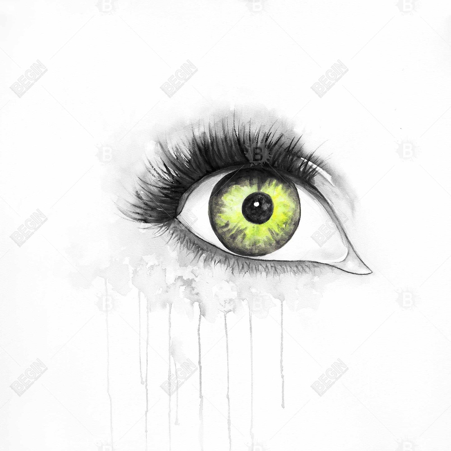 Toile encadrée pour chambre grise – Œil vert à l'aquarelle