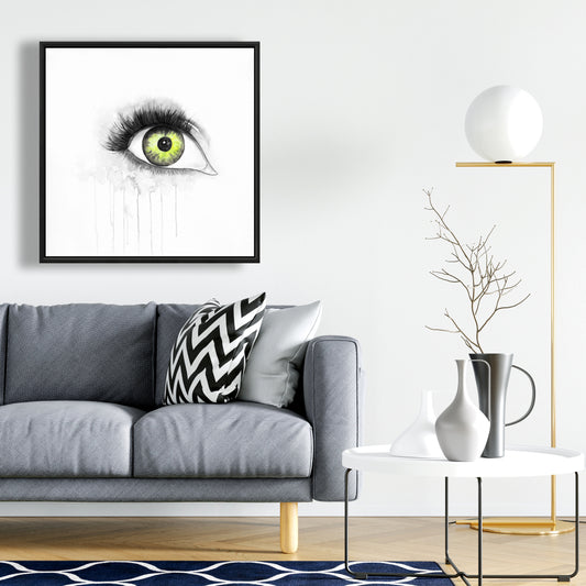 Toile encadrée pour chambre grise – Œil vert à l'aquarelle