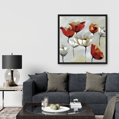 Toile encadrée à fleurs rouges et blanches abstraites - Décoration d'intérieur moderne