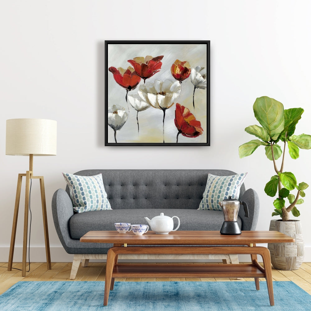 Toile encadrée à fleurs rouges et blanches abstraites - Décoration d'intérieur moderne