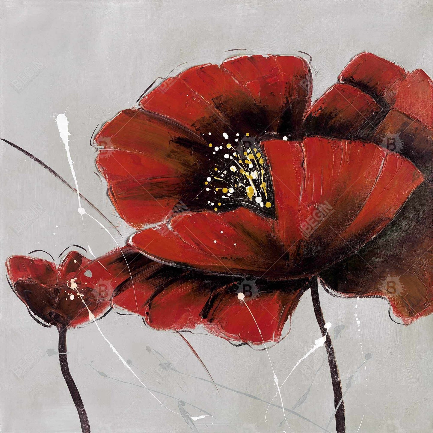 Toile botanique florale grise – Décoration d'intérieur à fleurs de pavot rouge
