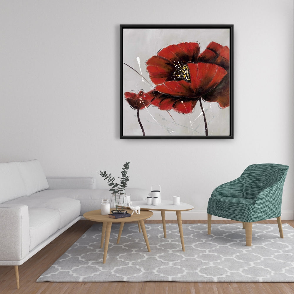 Toile botanique florale grise – Décoration d'intérieur à fleurs de pavot rouge