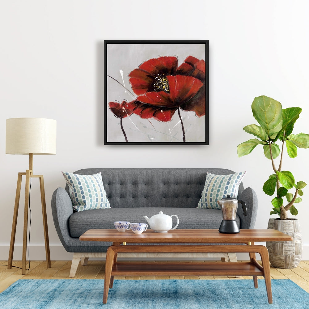 Toile botanique florale grise – Décoration d'intérieur à fleurs de pavot rouge