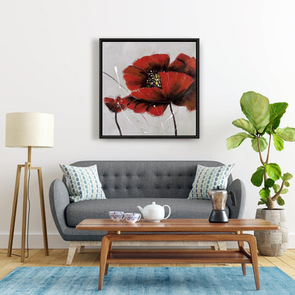 Toile botanique florale grise – Décoration d'intérieur à fleurs de pavot rouge