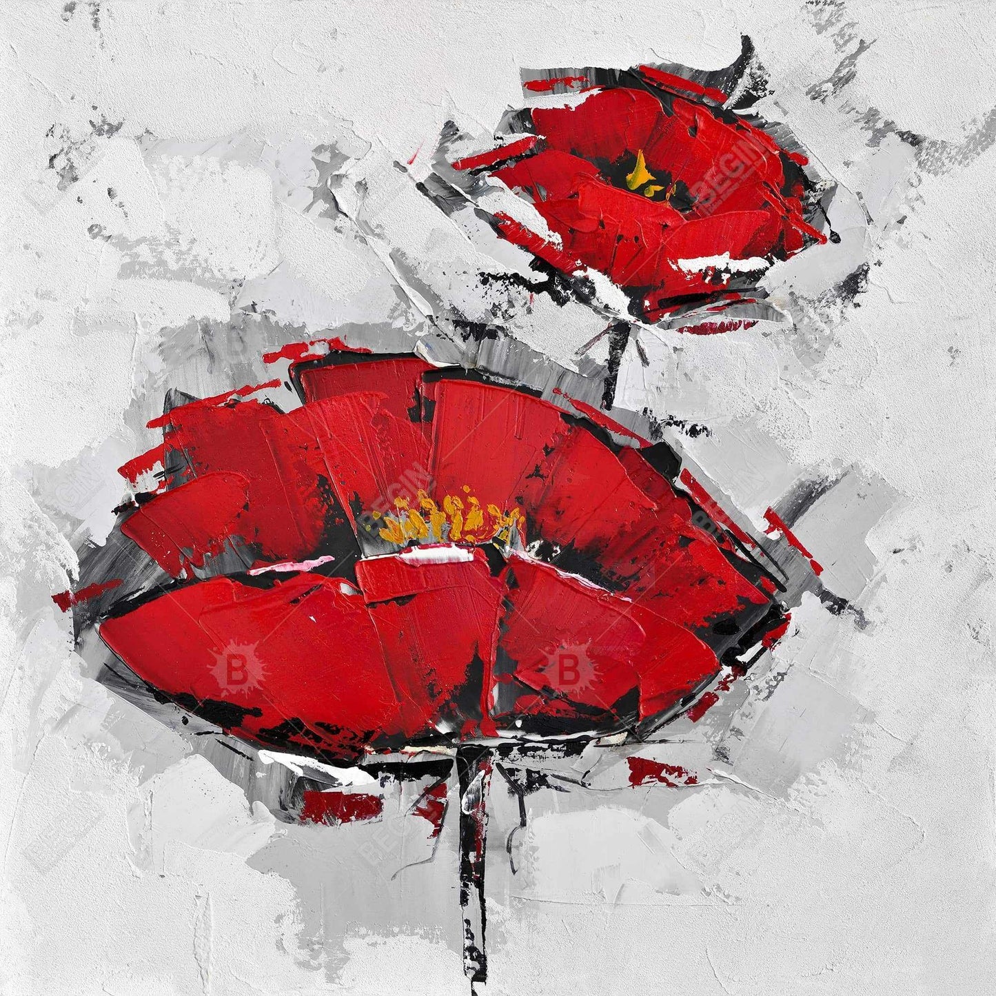 Texturized Red Poppies Canvas - Contemporary Gray Floral Art