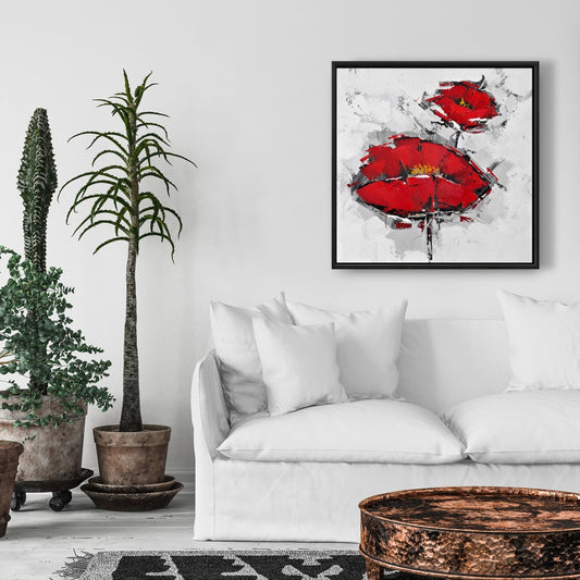 Toile texturée de coquelicots rouges | Décoration florale encadrée