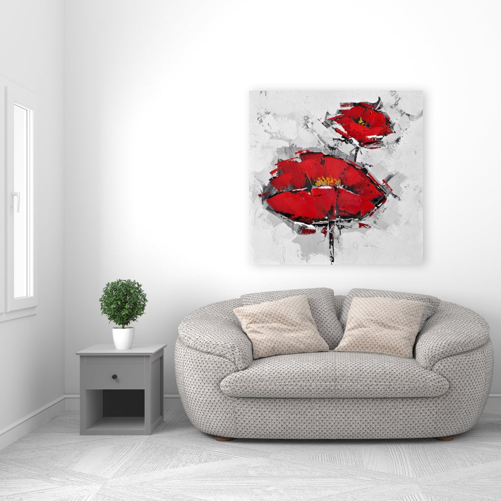 Texturized Red Poppies Canvas - Contemporary Gray Floral Art