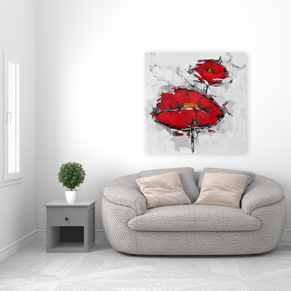 Texturized Red Poppies Canvas - Contemporary Gray Floral Art