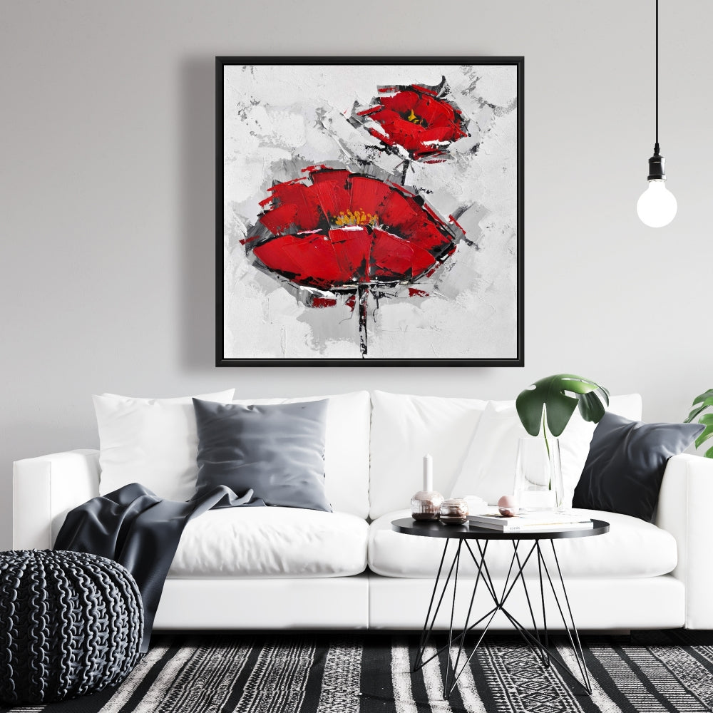 Toile texturée de coquelicots rouges | Décoration florale encadrée