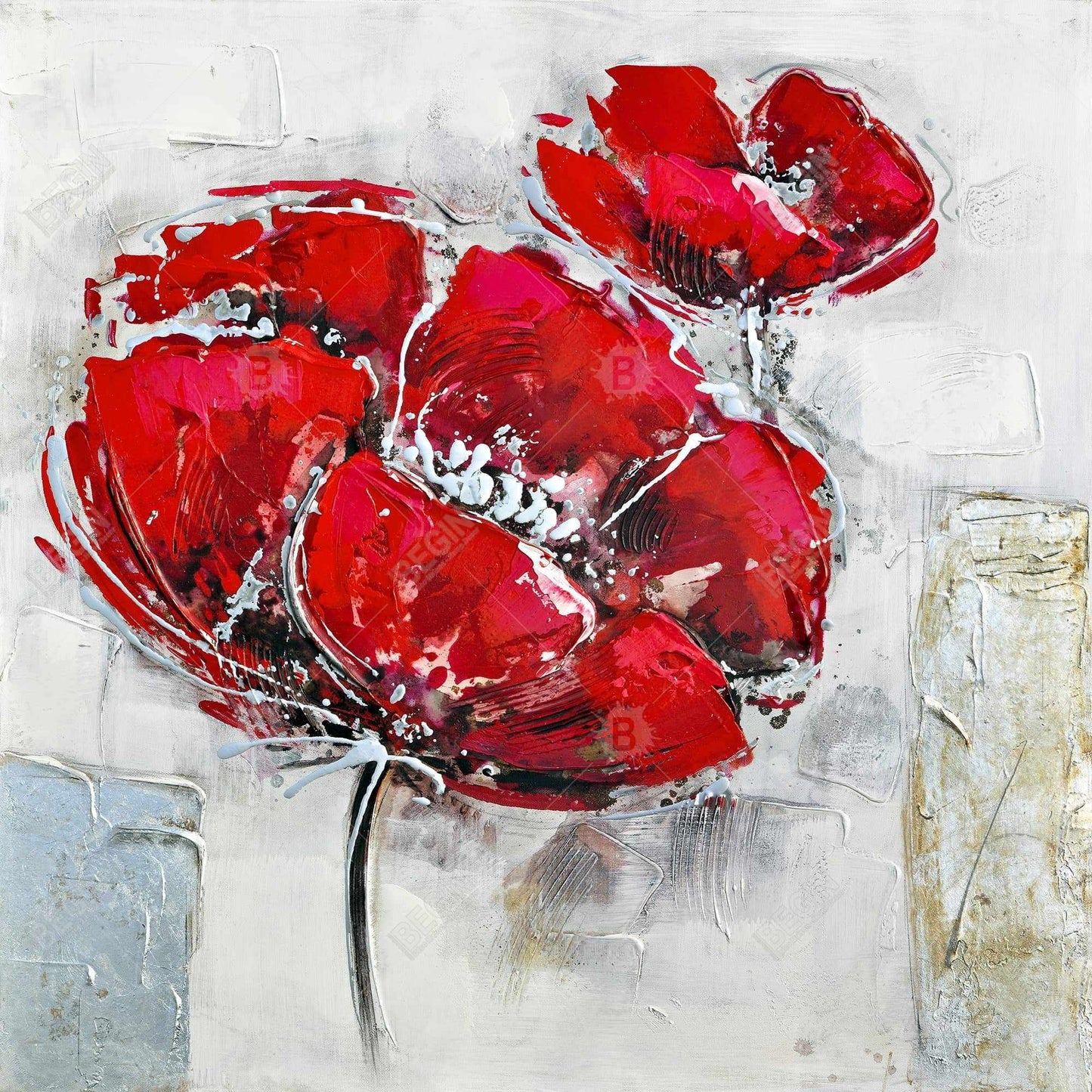 White Modern Botanical Canvas | Abstract Red Flowers Decor