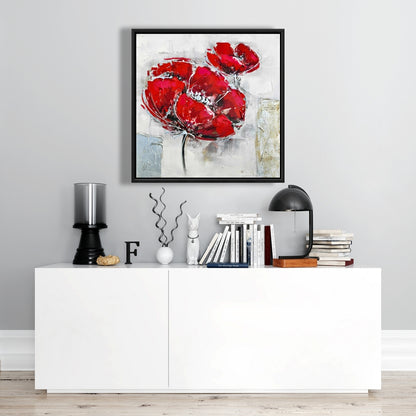White Modern Botanical Canvas | Abstract Red Flowers Decor
