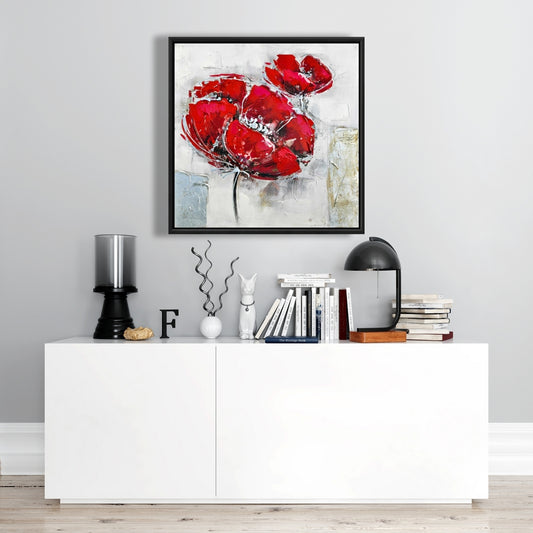 White Modern Botanical Canvas | Abstract Red Flowers Decor
