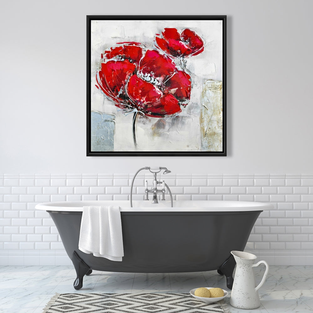 White Modern Botanical Canvas | Abstract Red Flowers Decor